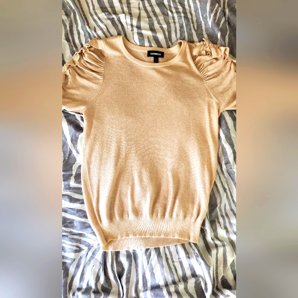 Express Sparkly Lightweight Tan Sweater | Shimmer Knit Pullover M